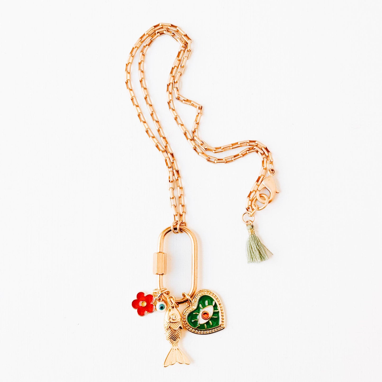 Gold Carabiner Charm Necklace -Red