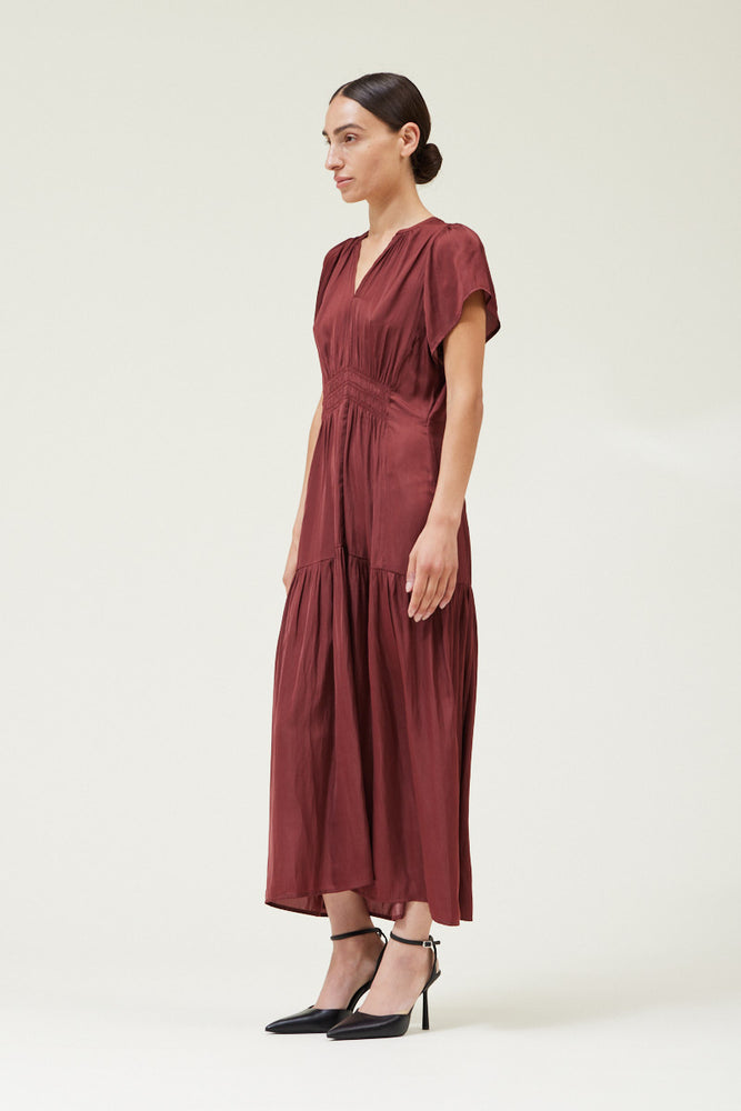 
                      
                        Ruffle Satin Maxi Dress - Vino
                      
                    