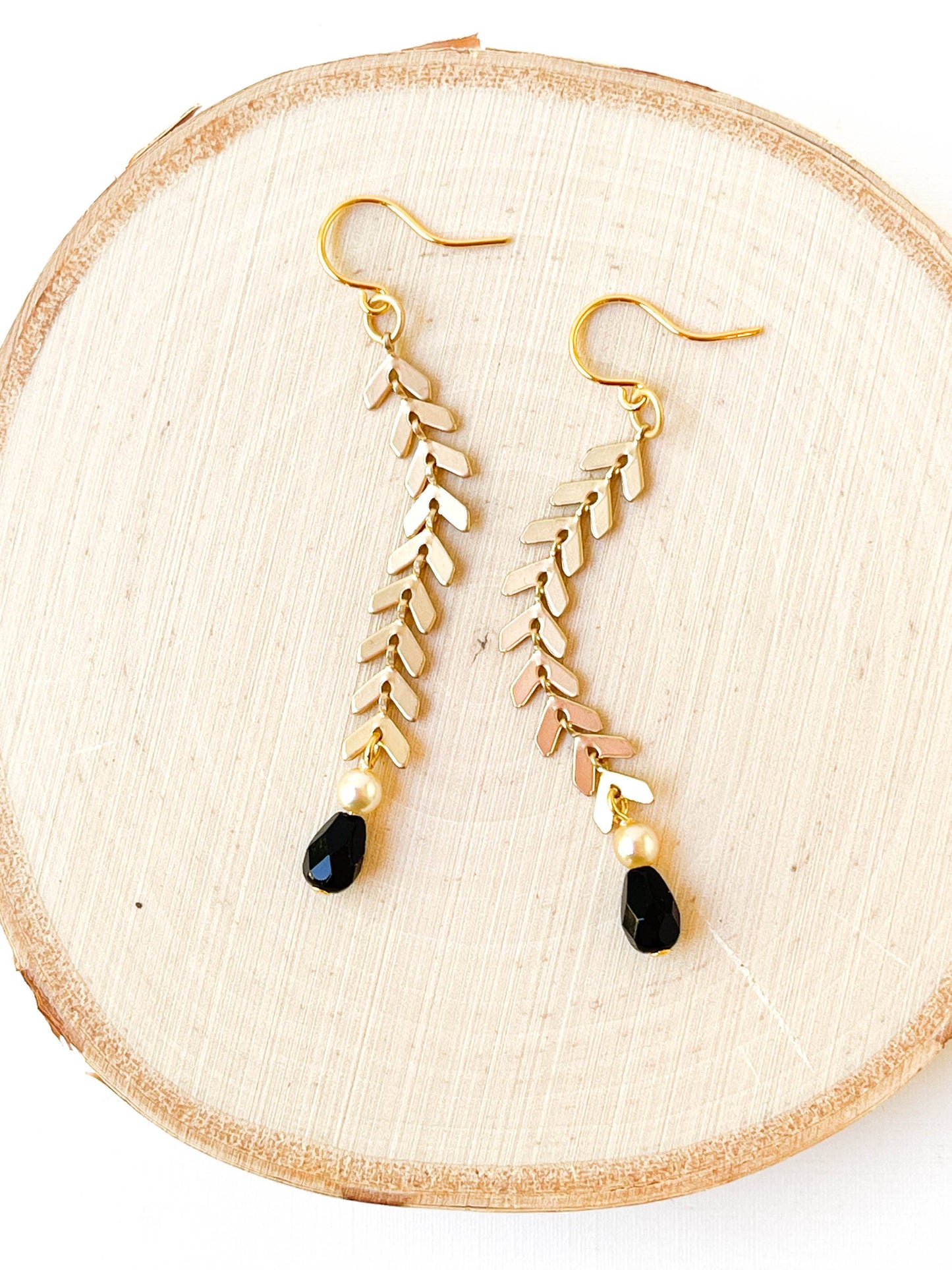 Chevron Earrings with Pearl and Black Beads