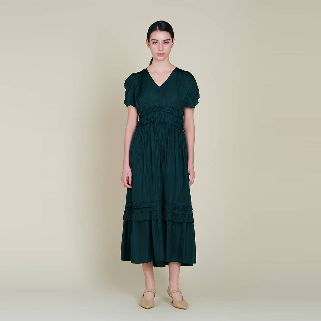 Ruffled Satin Dress - Emerald