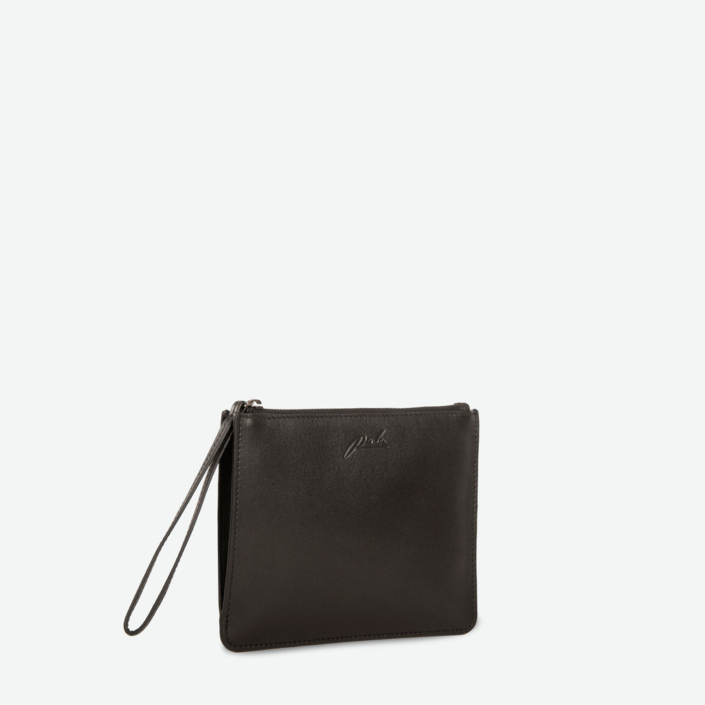
                      
                        Rectangular black zip up pouch clutch with leather wristlet - image 2
                      
                    