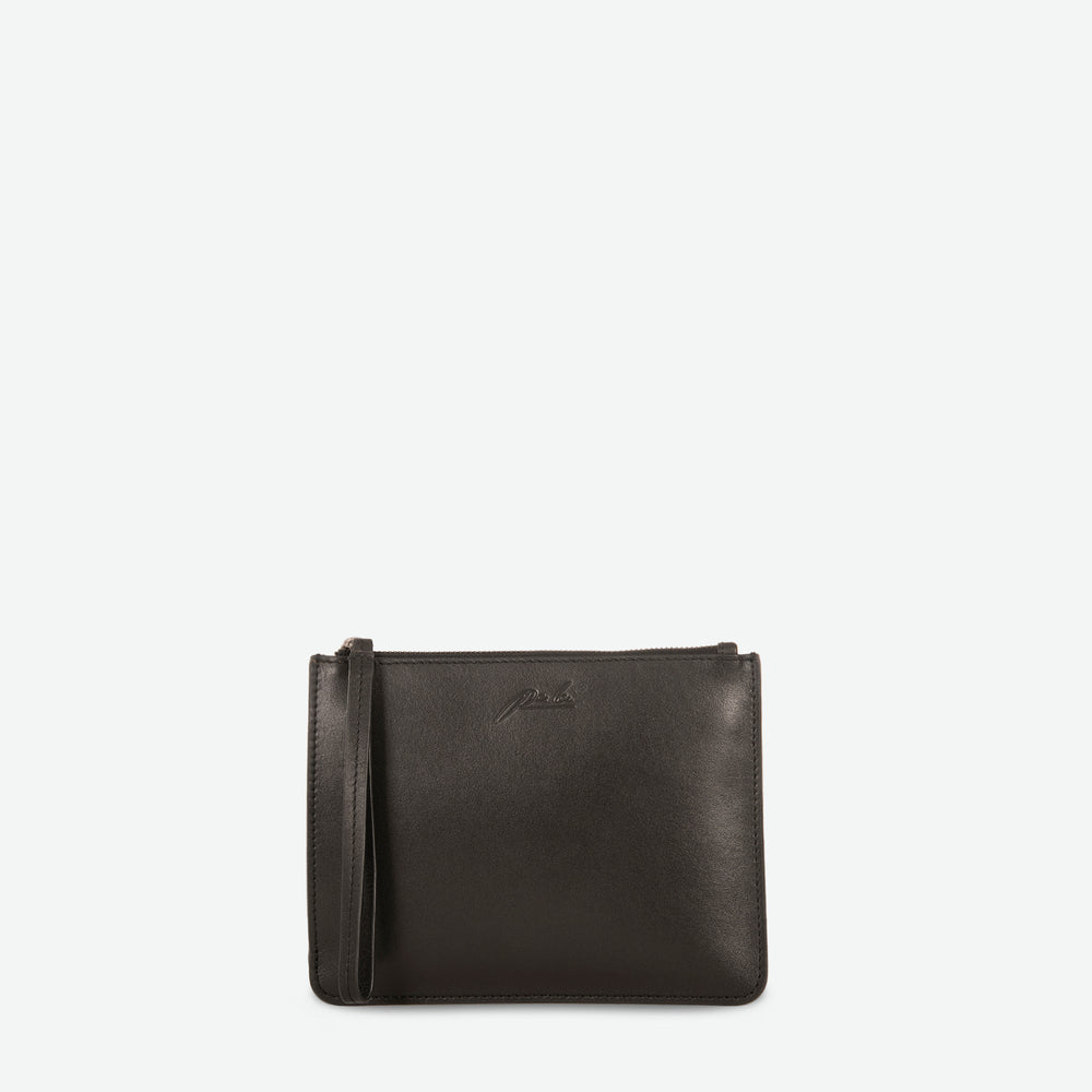 
                      
                        Rectangular black zip up pouch clutch with leather wristlet - image 3
                      
                    