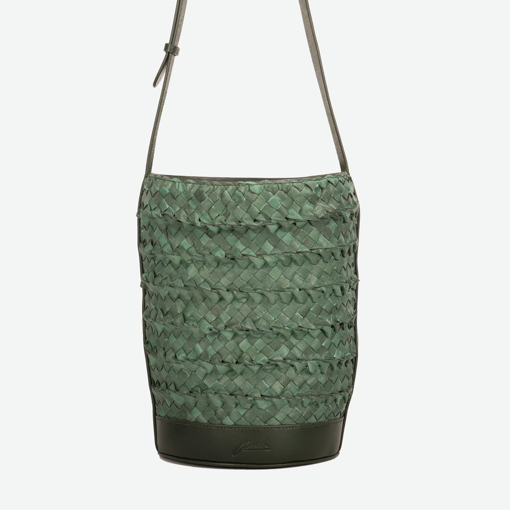 
                      
                        A pine green woven leather bucket bag  with an adjustable shoulder strap - image 3
                      
                    