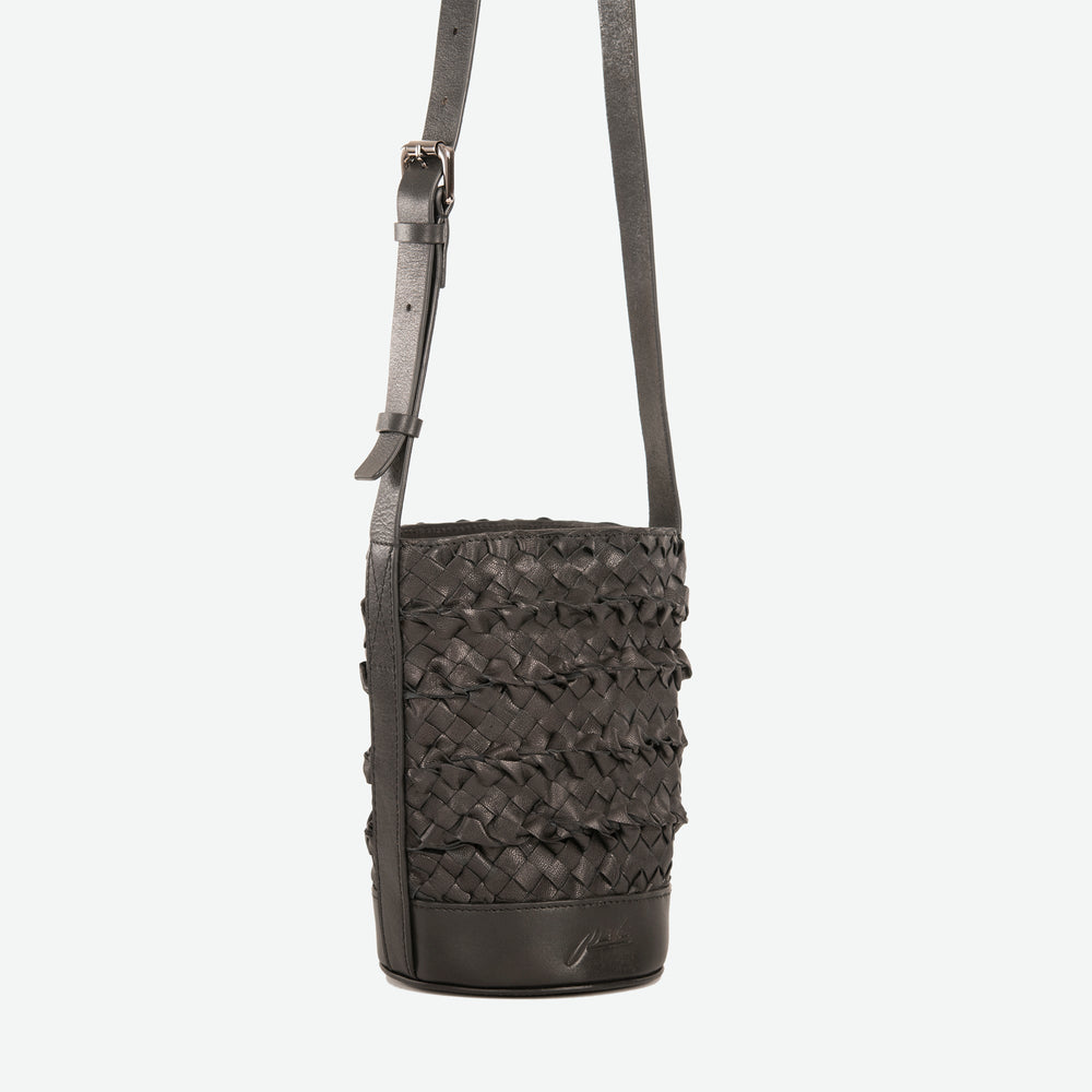 
                      
                        A mini small black woven leather bucket bag  with an adjustable crossbody strap - image 2
                      
                    