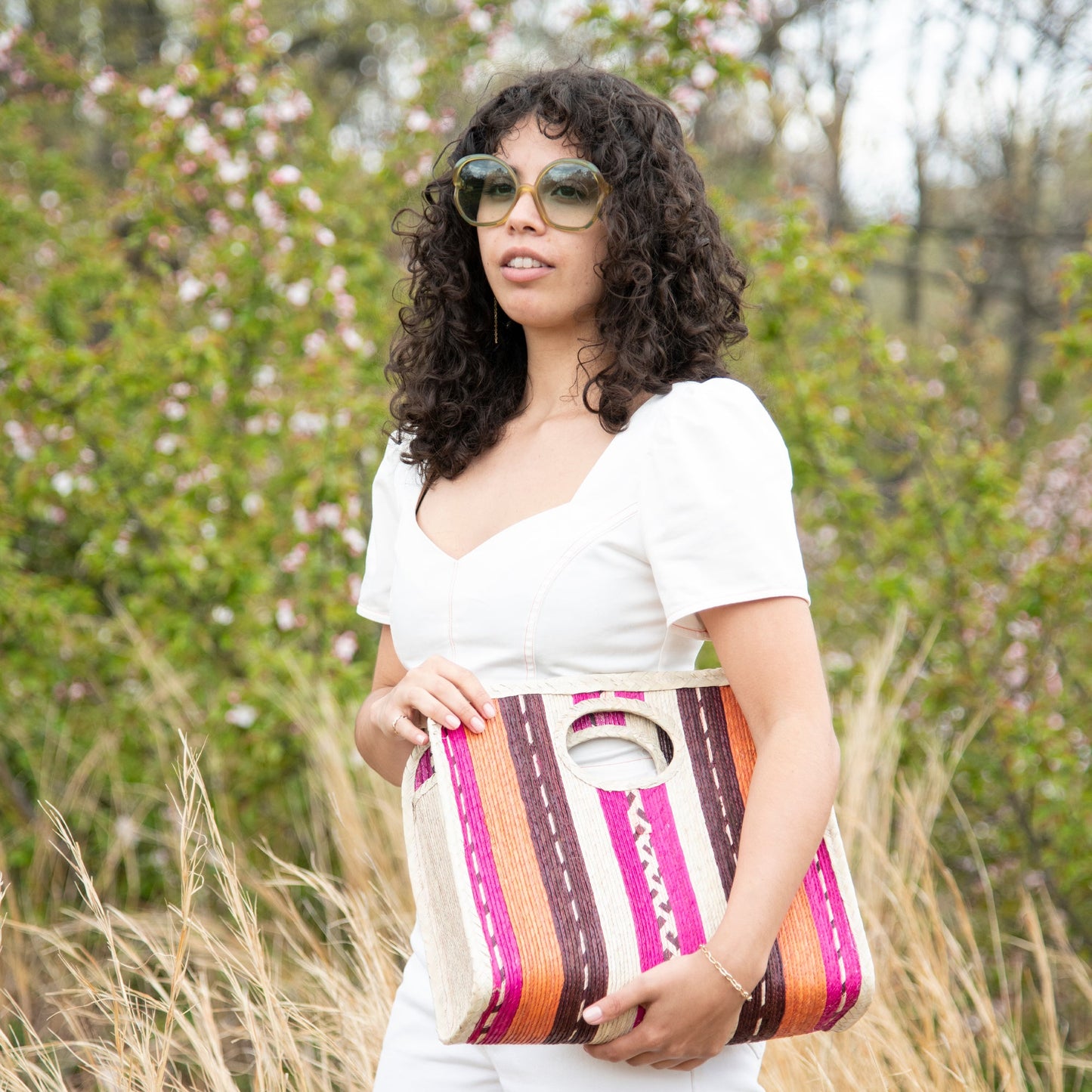 Square Straw Beach Tote in red